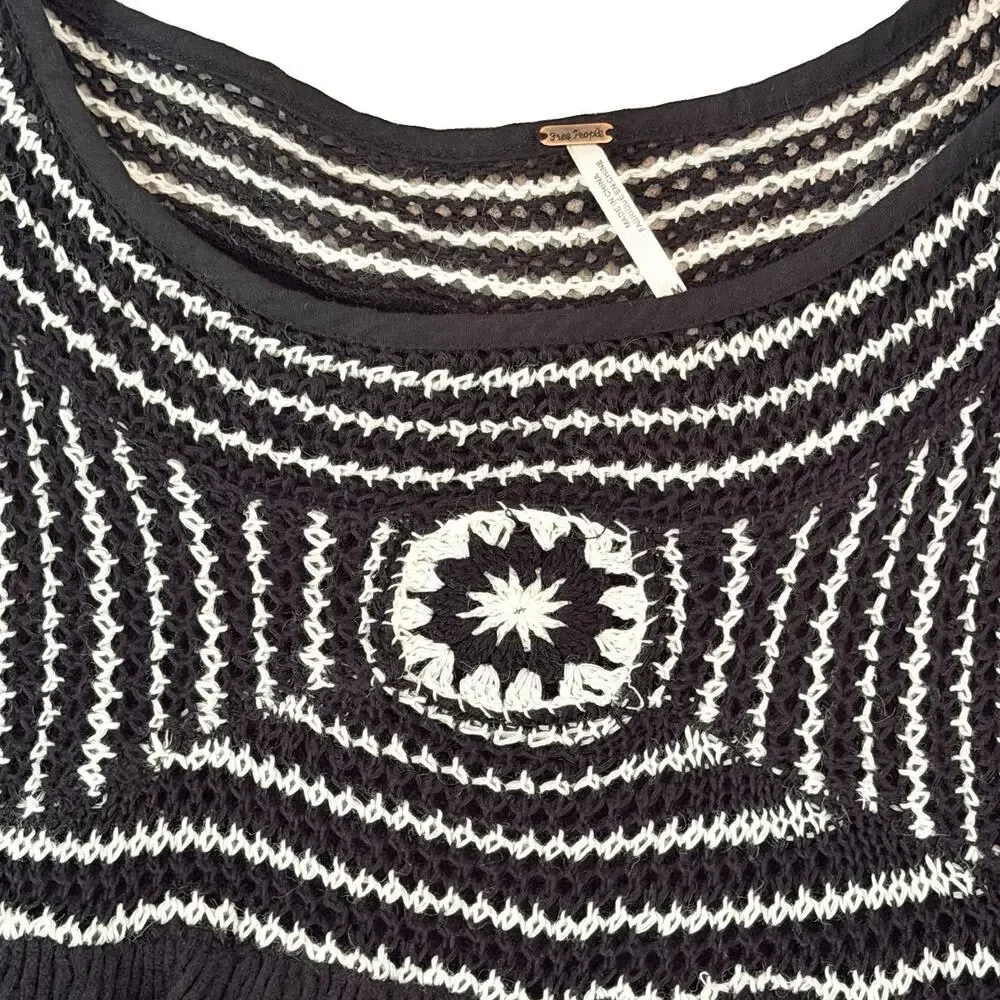 Free People Soul Mate Knit Crochet Black Long Sleeve Top Flare Cuff Size Medium